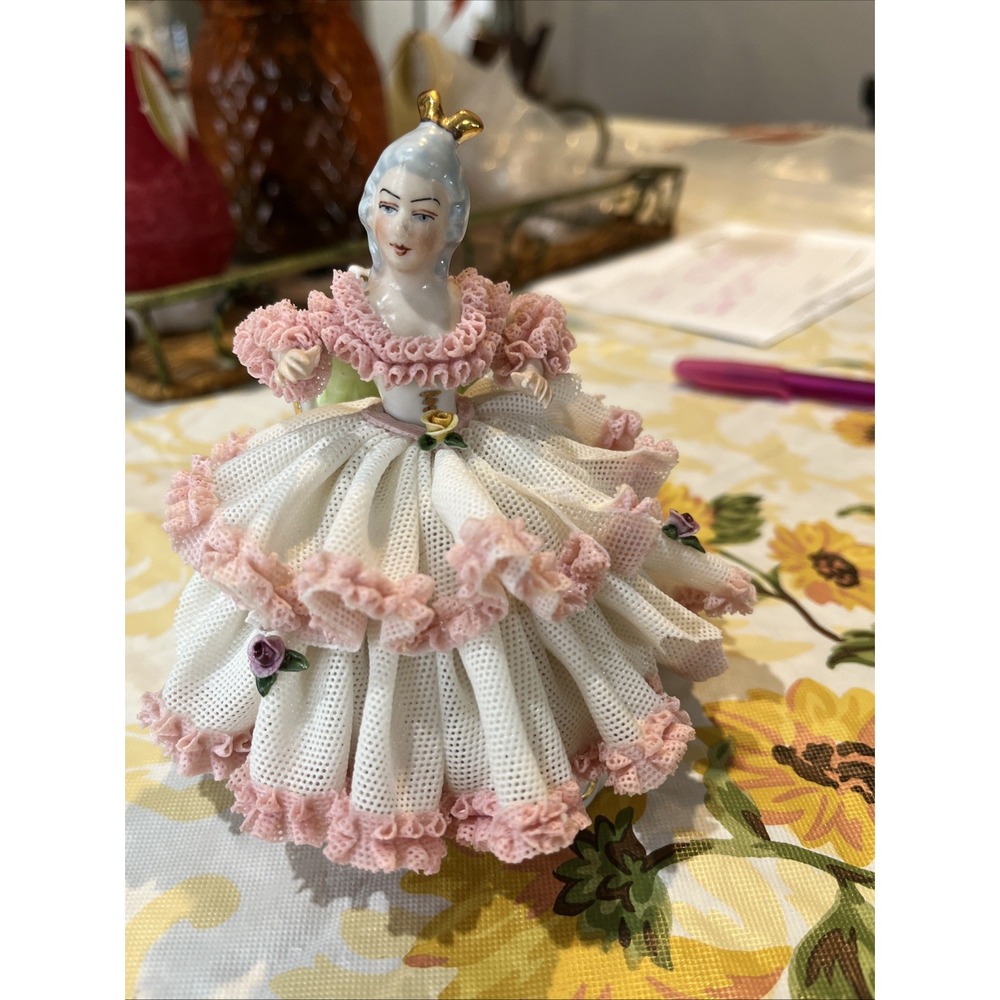 Dresden Hand Painted Porcelain Woman Figurine In Chair Germany Pink White